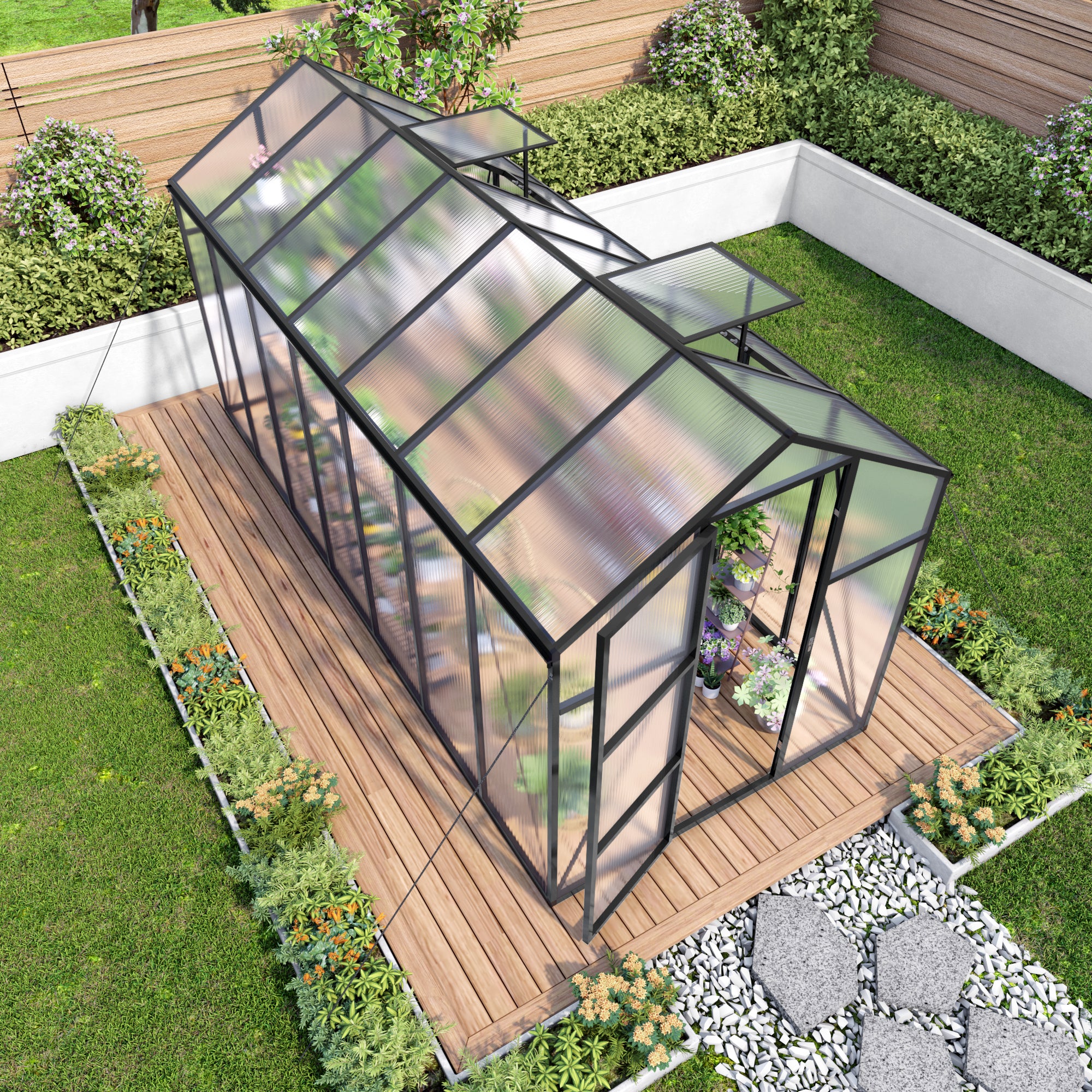 6ft x 14ft Walk‑In Polycarbonate Greenhouse — Sturdy Aluminum Frame Lockable Door Adjustable Vents & UV Protection Black
