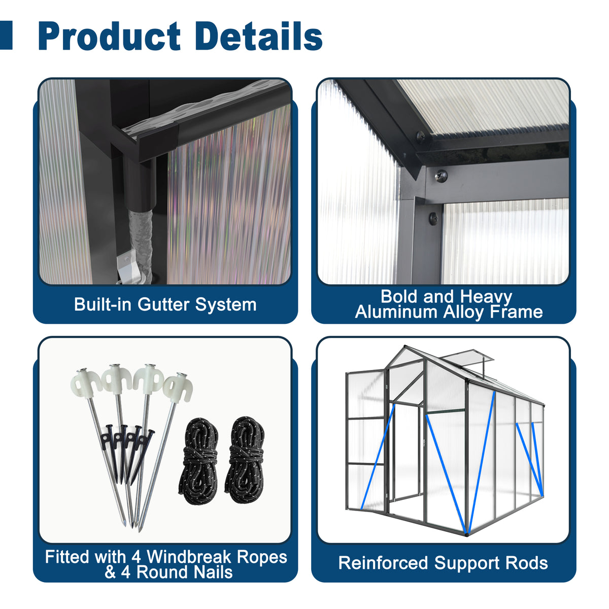 6ft x 8ft Walk‑In Polycarbonate Greenhouse — Sturdy Aluminum Frame Lockable Door Adjustable Vents & UV Protection Black