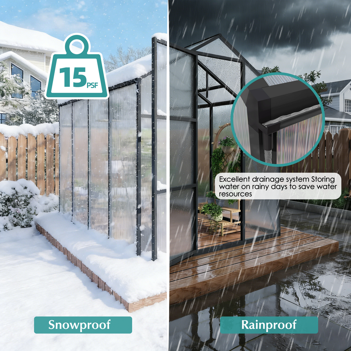 6ft x 8ft Walk‑In Polycarbonate Greenhouse — Sturdy Aluminum Frame Lockable Door Adjustable Vents & UV Protection Black