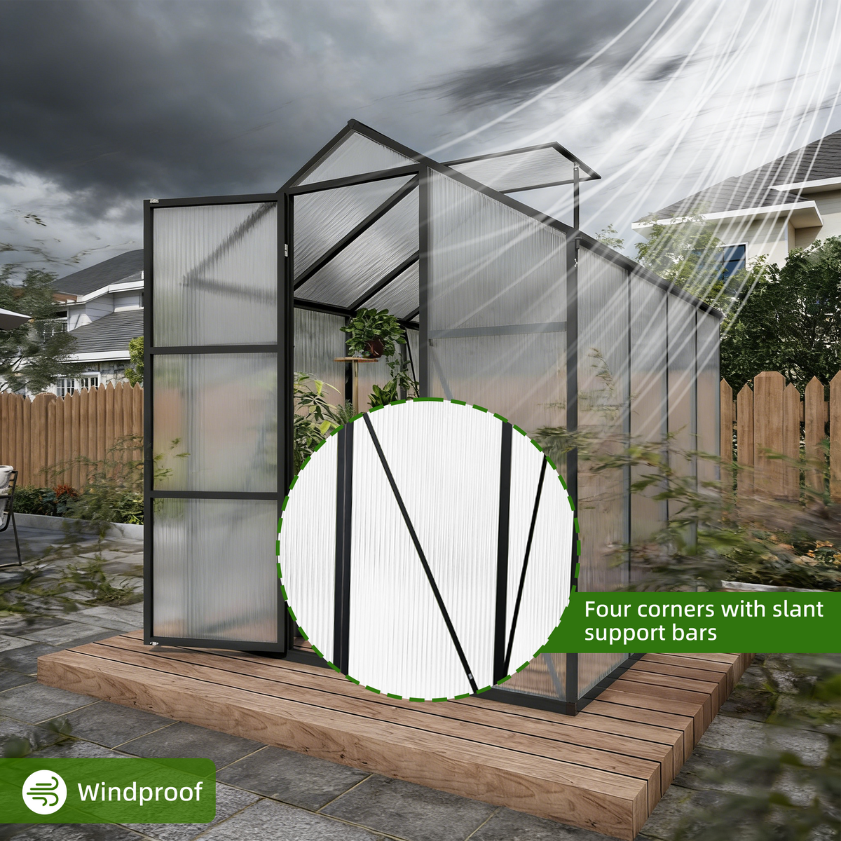 6ft x 8ft Walk‑In Polycarbonate Greenhouse — Sturdy Aluminum Frame Lockable Door Adjustable Vents & UV Protection Black
