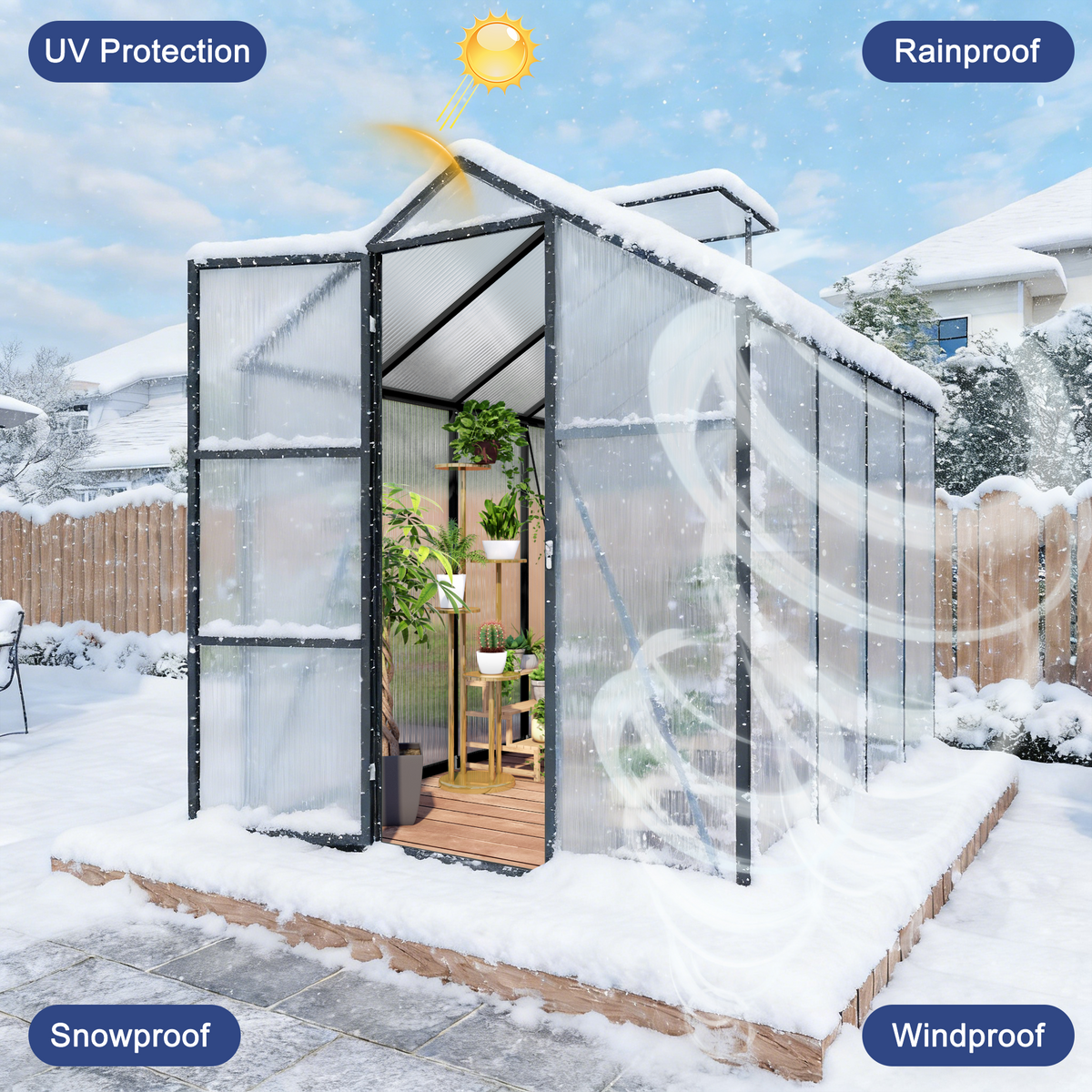 6ft x 8ft Walk‑In Polycarbonate Greenhouse — Sturdy Aluminum Frame Lockable Door Adjustable Vents & UV Protection Black