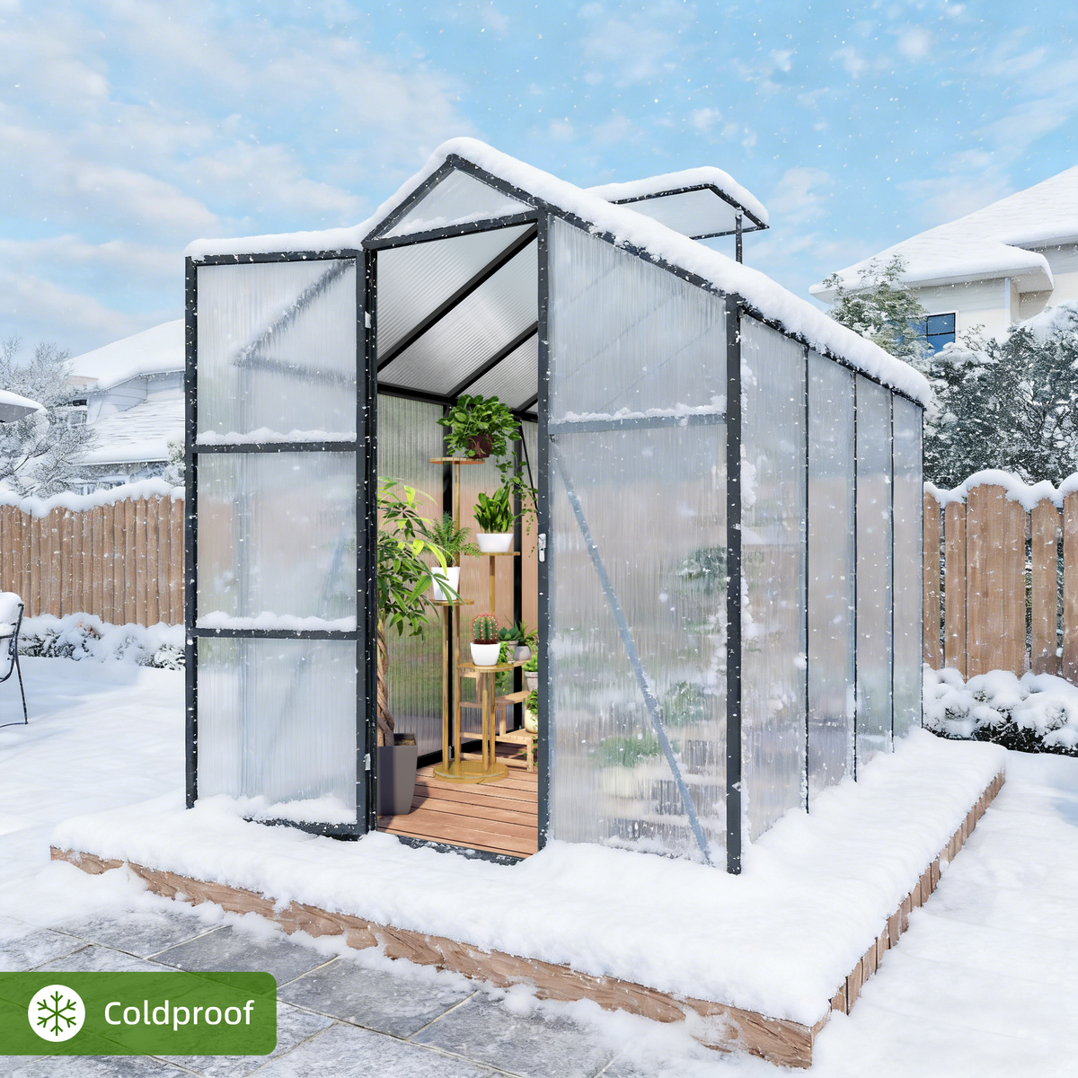 6ft x 8ft Walk‑In Polycarbonate Greenhouse — Sturdy Aluminum Frame Lockable Door Adjustable Vents & UV Protection Black