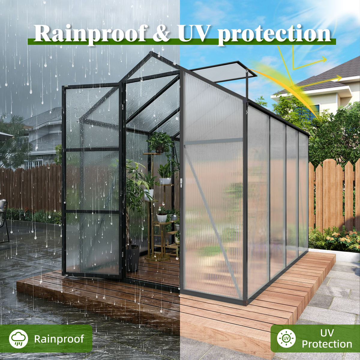 6ft x 8ft Walk‑In Polycarbonate Greenhouse — Sturdy Aluminum Frame Lockable Door Adjustable Vents & UV Protection Black