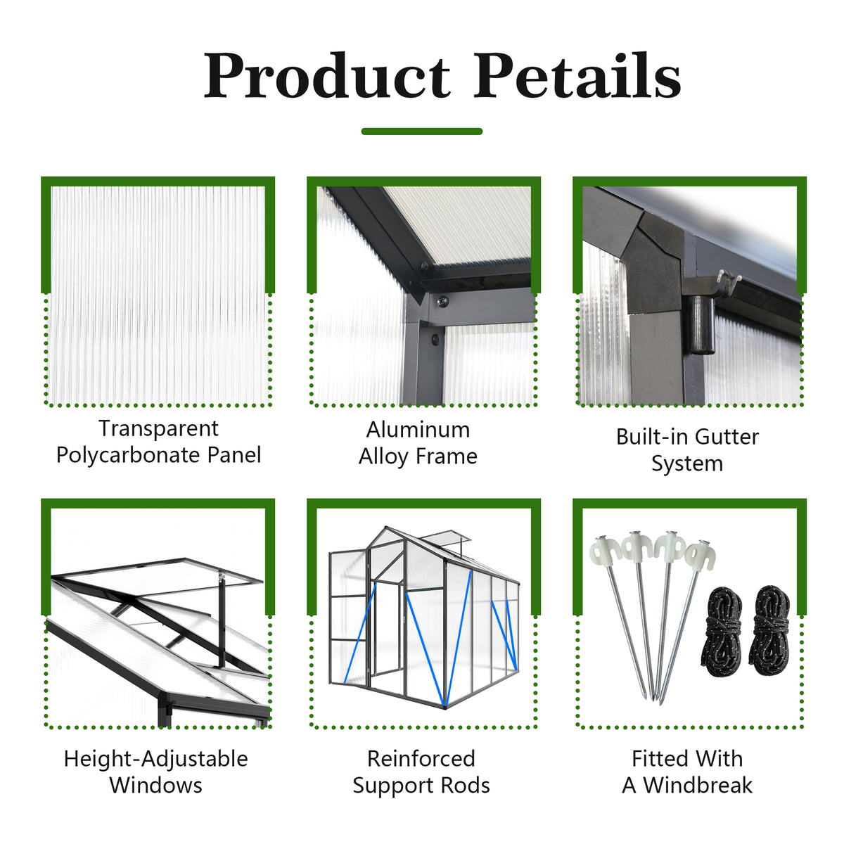 6ft x 8ft Walk‑In Polycarbonate Greenhouse — Sturdy Aluminum Frame Lockable Door Adjustable Vents & UV Protection Black