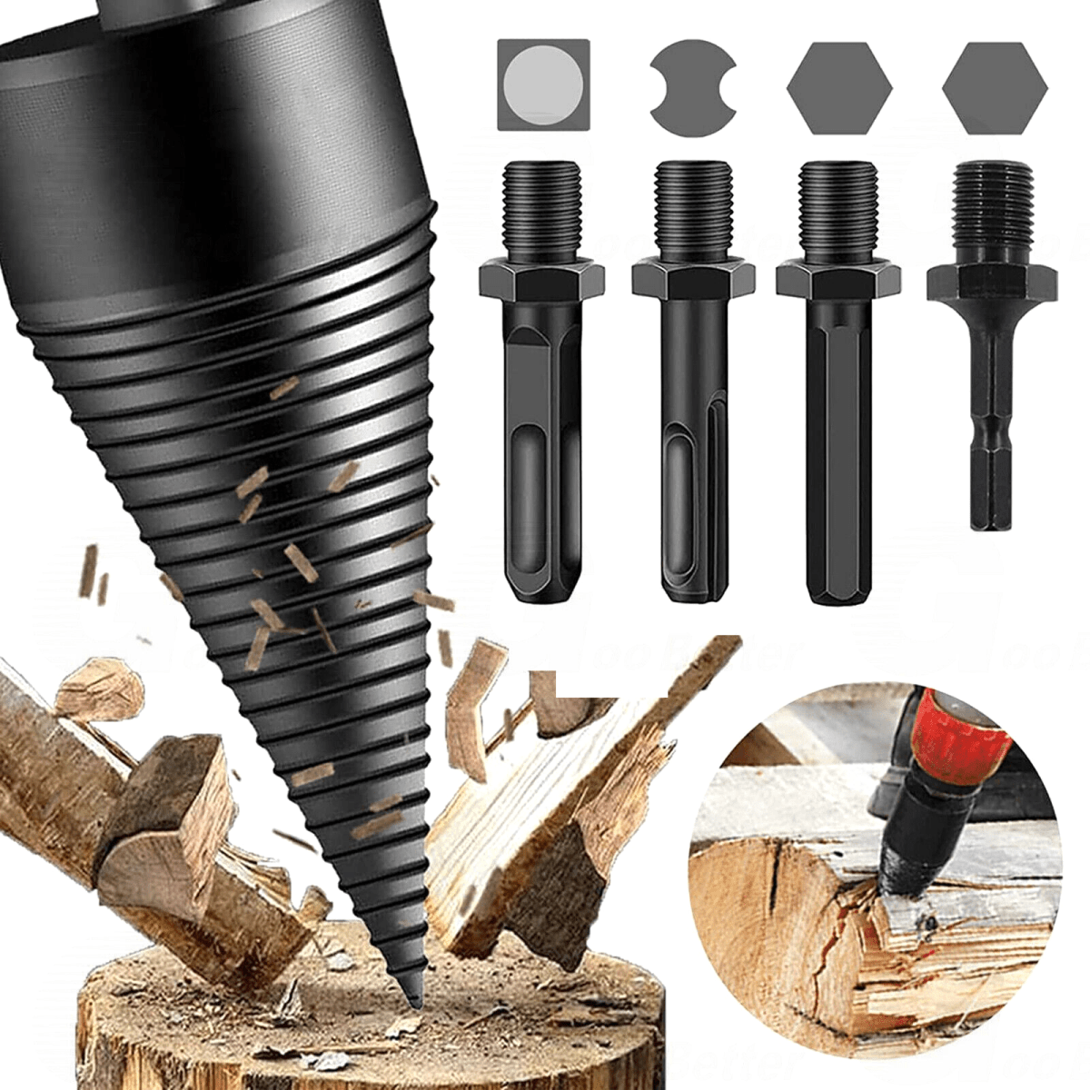 6x Wood Splitter High Speed Twist Firewood Drill Bit Screw Splitting Cone Driver - HomeDIYer