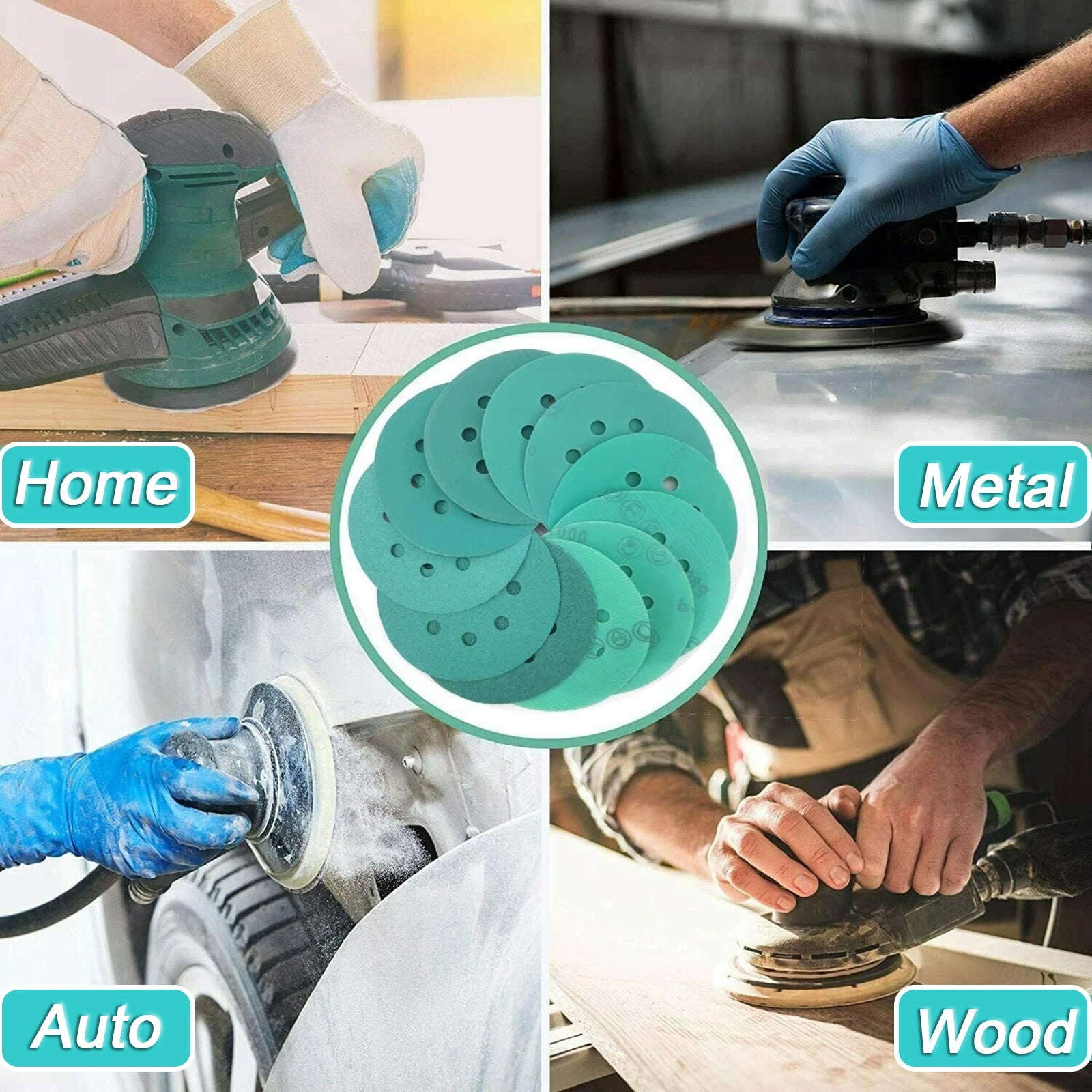 50mm - 150mm Wet & Dry Sanding Discs Sandpaper Film Hook and Loop Pads - Green