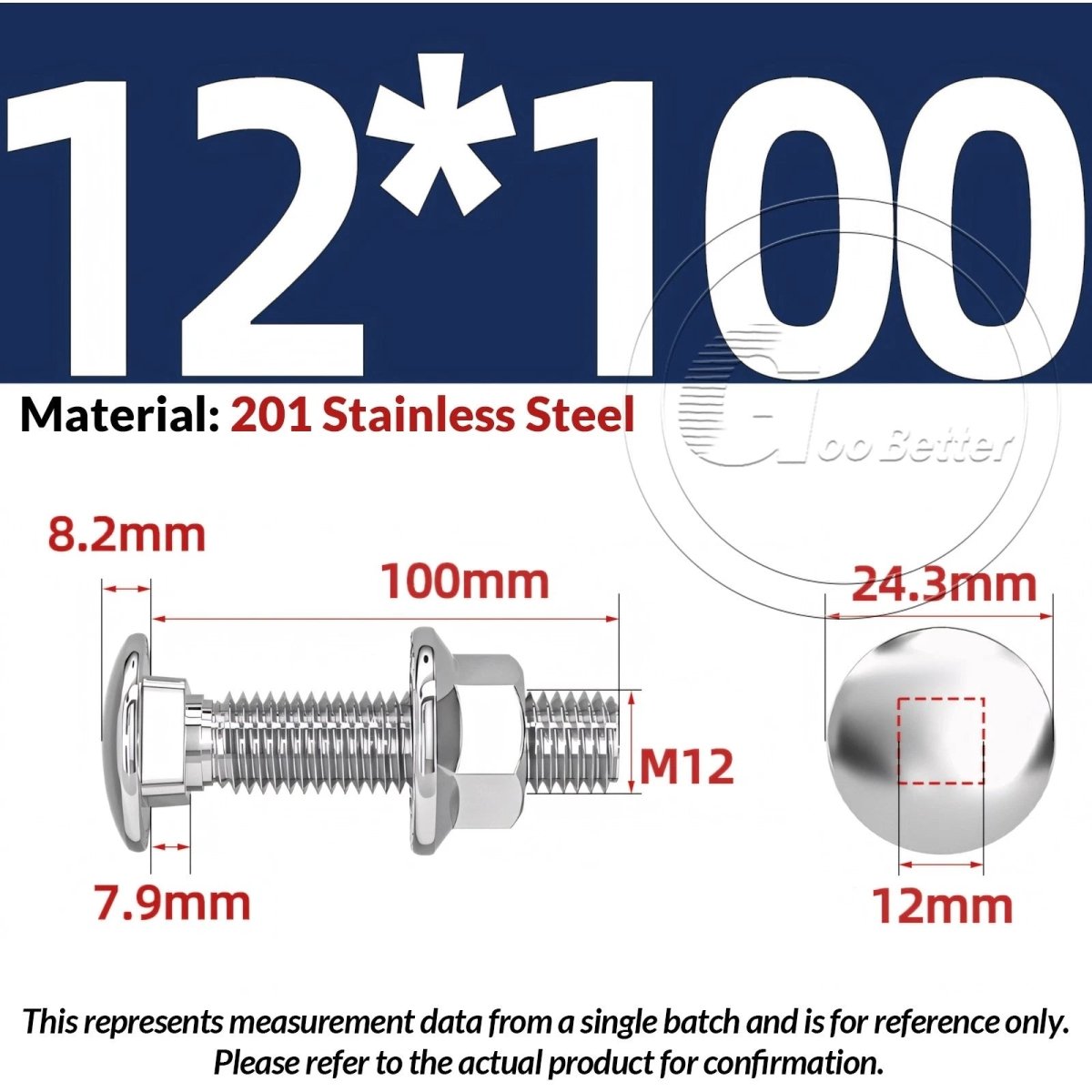 M5–M12 Carriage Bolts with Nuts | Cup Square Domed Head | 201 Stainless Steel - HomeDIYer