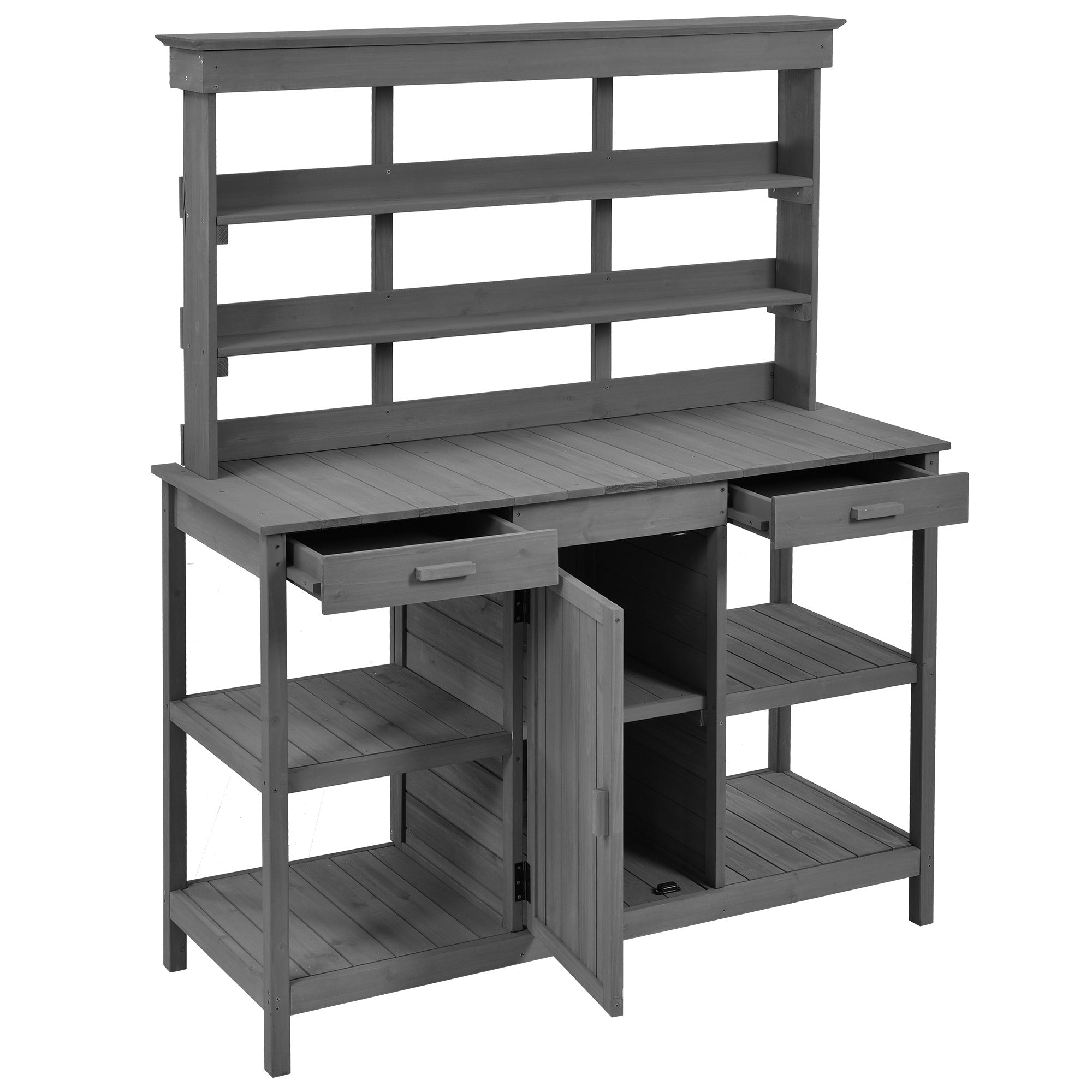 TOPMAX 66'' Large Outdoor Farmhouse Wooden Potting Bench Table, Garden Workstation with 2 Drawers,Cabinet and Open Shelves for Backyard, Mudroom, Gray