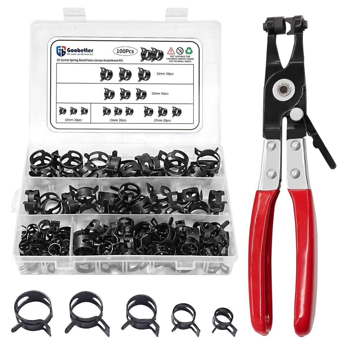 100Pcs 10 - 21mm Spring Hose Clamps Fuel Line Hose Clamp with Hose Clamp Pliers, 5 Sizes Low Pressure Air Clamp, Water Pipe Air Tube Silicone Vacuum Hose Clamp Fastener - HomeDIYer