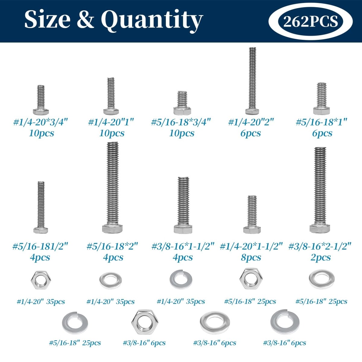 Nuts and Bolts Assortment Kit, 262 Pcs 304 Stainless Steel Bolts and Nuts Kit, A2 Hex Head Nut and Bolt Set 1/4 - 20, 5/16 - 18, 3/8 - 16, with Flat and Lock Washers - HomeDIYer