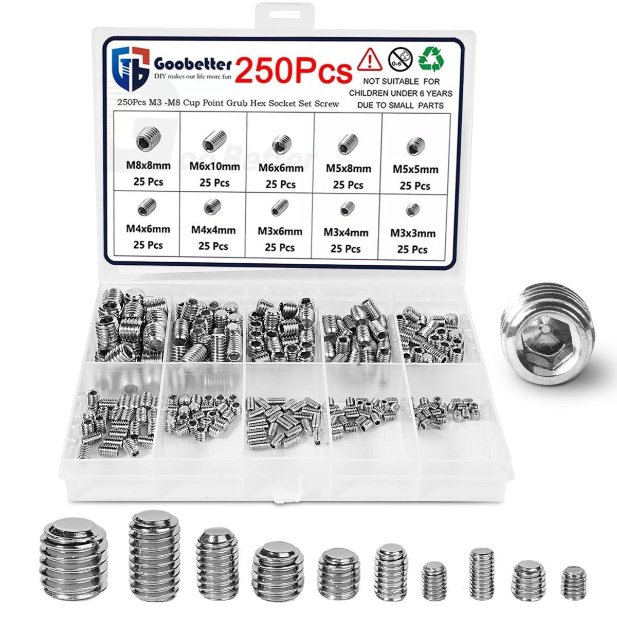 Set Screw Assortment Kit (250 Pcs) - Metric Sizes M3, M4, M5, M6, M8 - 304 Stainless Steel Cupped & Hex Head Screws - Perfect for Door Knobs, Home Repair, Furniture, and More! - HomeDIYer