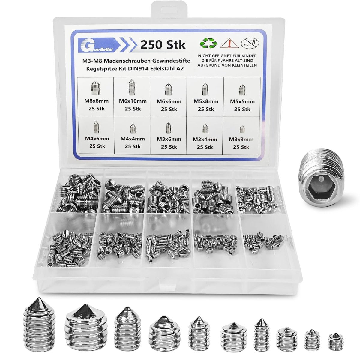 Set Screw Assortment Kit (250 Pcs) - Metric Sizes M3, M4, M5, M6, M8 - 304 Stainless Steel Tapered Point Hex Head Screws - Ideal for Door Knobs, Home Repair, Furniture, and More! - HomeDIYer