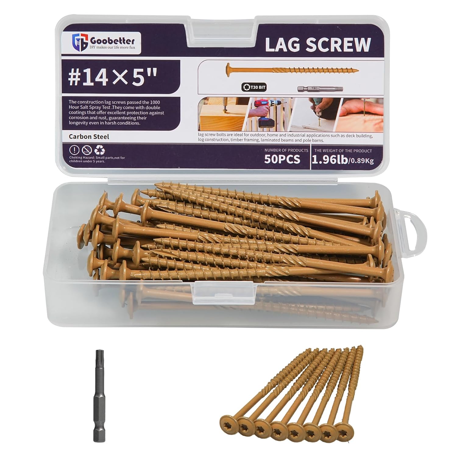 Goobetter 50 Pack 5-Inch Heavy Duty Lag Screws - #14 x 5 Structural Wood Screws, Yellow Anti-Corrosion Coating, T30 Star Drive, Washer Head for Decks & Timber Framing