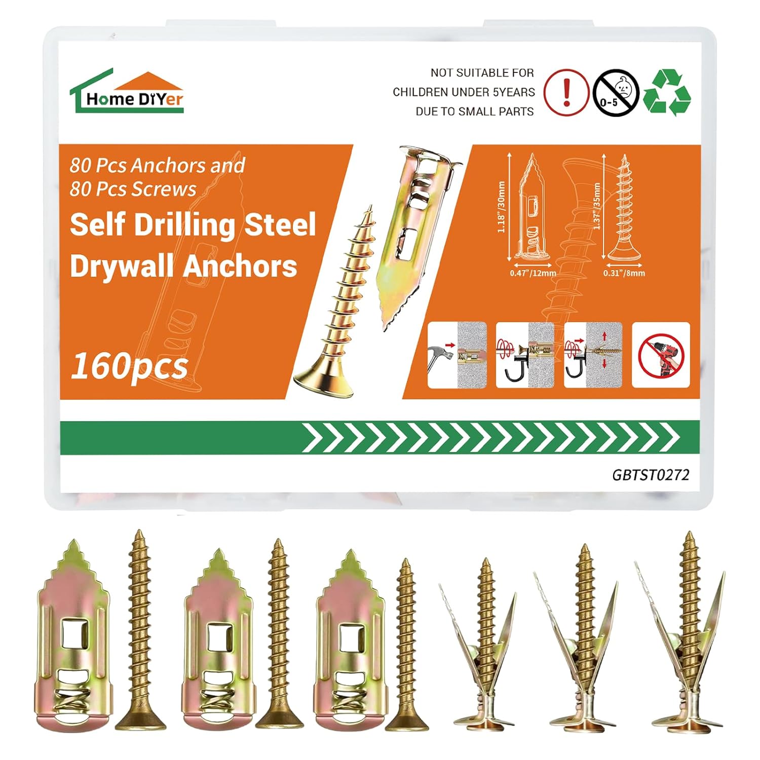 160 PCS Self Drilling Drywall Anchors with Screws Kit – Easy No-Drill Installation, 80 Anchors + 80 Screws (0.47 x 1.18 inch)