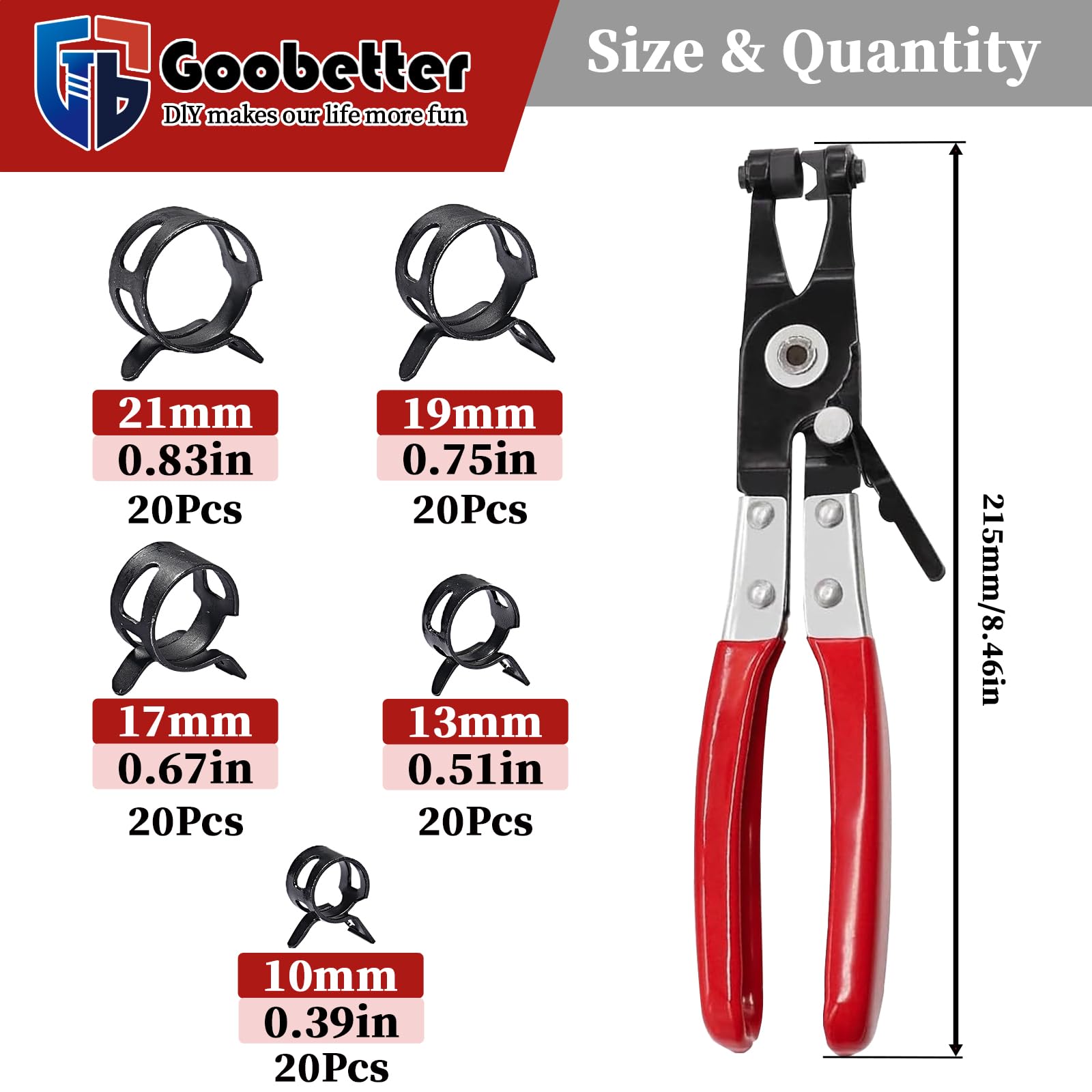 100Pcs 10-21mm Spring Hose Clamps Fuel Line Hose Clamp with Hose Clamp Pliers, 5 Sizes Low Pressure Air Clamp, Water Pipe Air Tube Silicone Vacuum Hose Clamp Fastener
