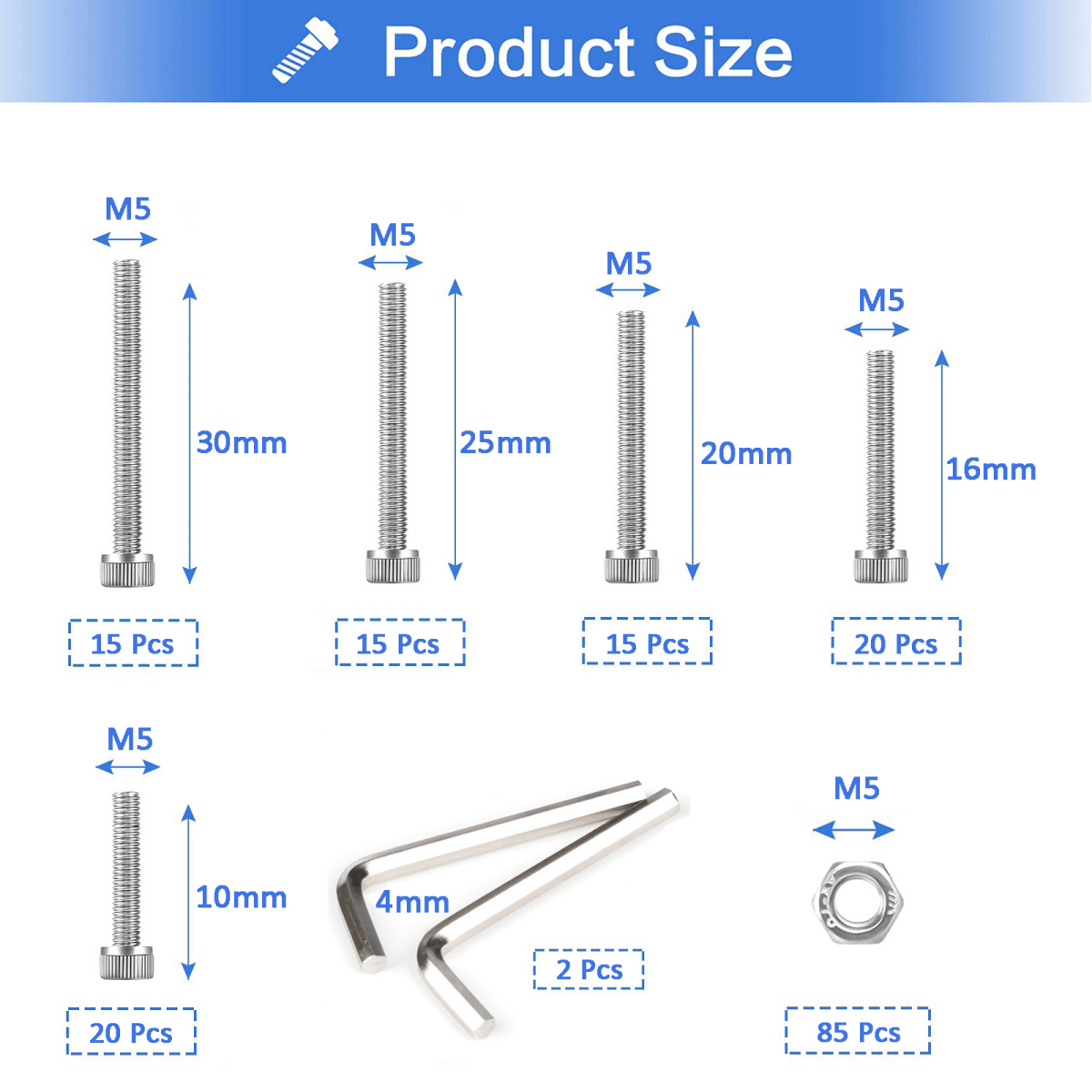 172Pcs M5 Allen Cap Stainless Steel Screws Bolts & Nuts Socket Screw Hex DIN 912 - HomeDIYer
