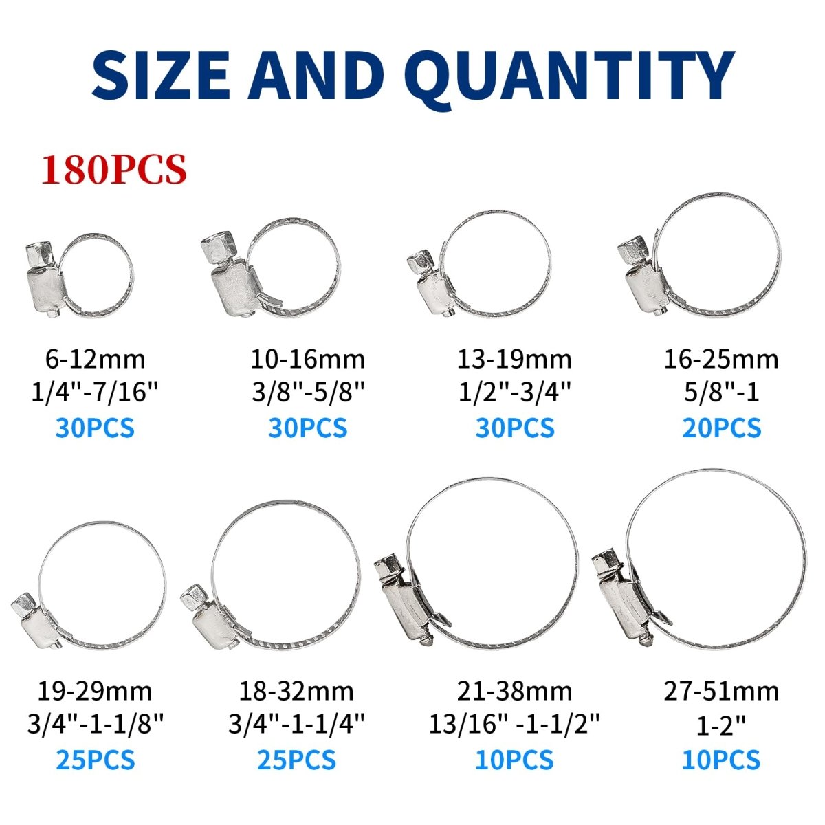 180 Pcs Hose Clamps Stainless Steel, Small Hose Clamps Assortment, 1/4 - 2 in (6 - 51mm) Adjustable Worm Gear Hose Clamps Heavy Duty for Plumbing, Dishwasher, Automotive, Washing Machine - HomeDIYer