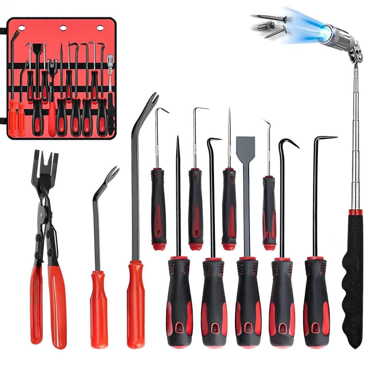 13 Pcs Mechanic Hook and Pick Tool Set with Scraper, Clip Pliers, Fastener Remover & Magnetic Telescoping Tool kit for Automotive Repair, car Trim Removal & Panel Removal - HomeDIYer