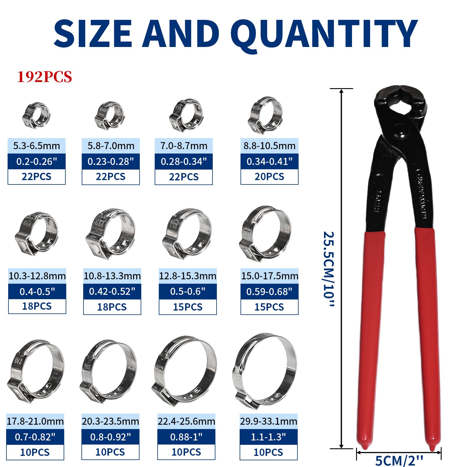 192 Pcs 12 Sizes Goobetter Single Ear Hose Clamps Stainless Steel with Ear Clamps Pincer Set, 5.3-33.1mm Adjustable Hose Clamp Assortment for radiator, Plumbing, Automotive, Washing Machine