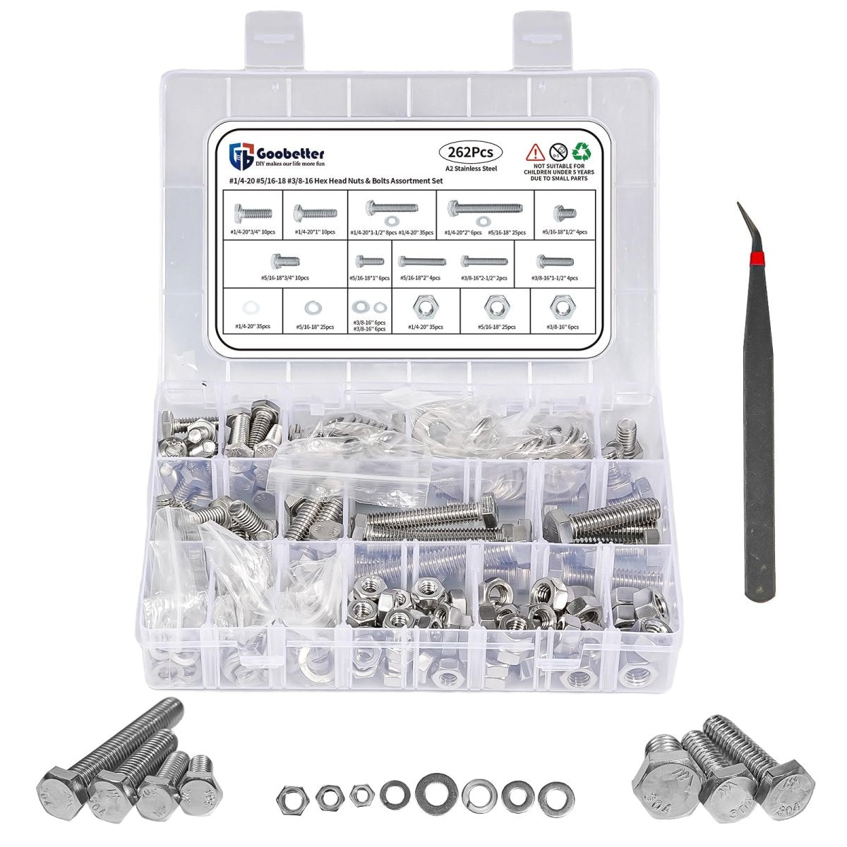 Nuts and Bolts Assortment Kit, 262 Pcs 304 Stainless Steel Bolts and Nuts Kit, A2 Hex Head Nut and Bolt Set 1/4 - 20, 5/16 - 18, 3/8 - 16, with Flat and Lock Washers - HomeDIYer