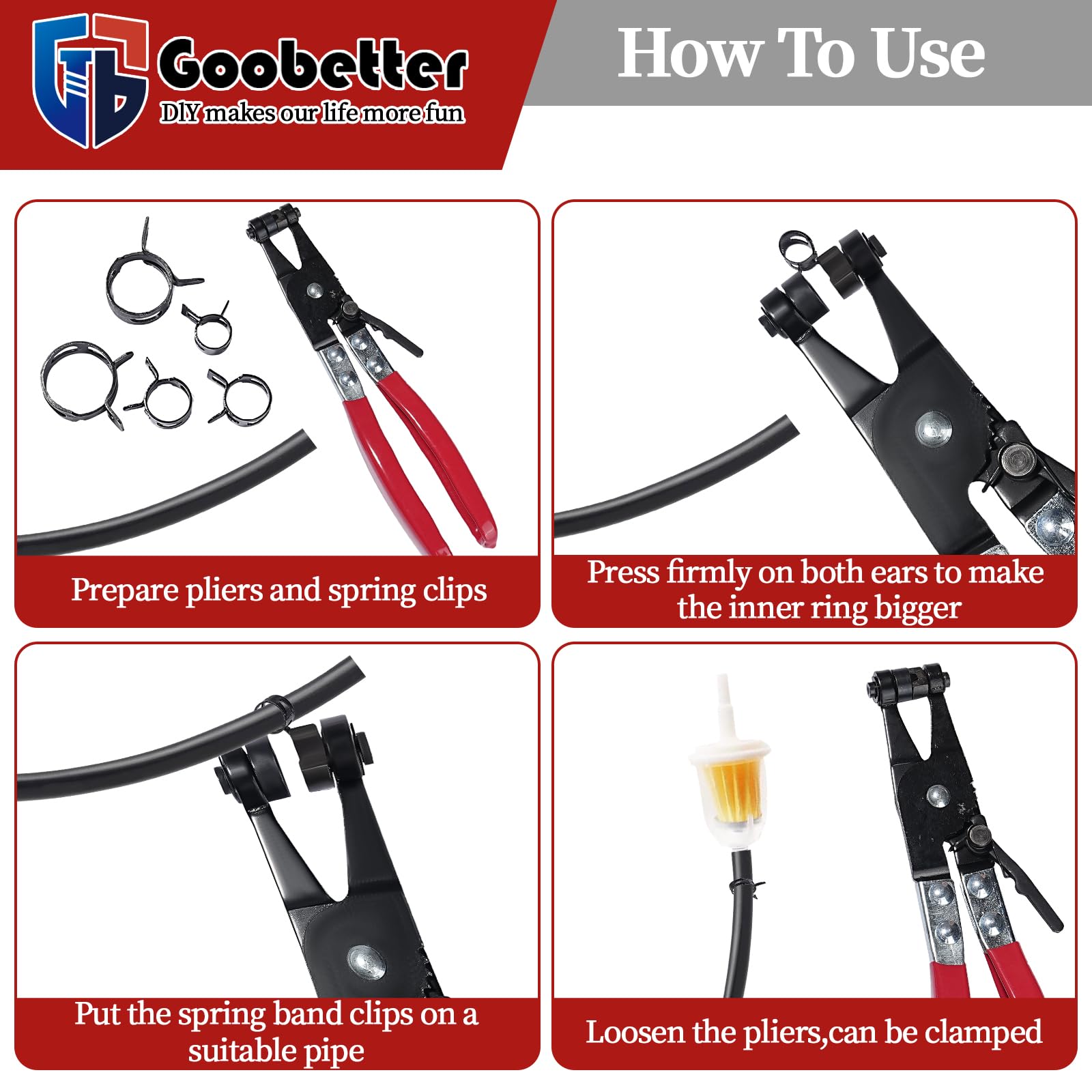 100Pcs 10-21mm Spring Hose Clamps Fuel Line Hose Clamp with Hose Clamp Pliers, 5 Sizes Low Pressure Air Clamp, Water Pipe Air Tube Silicone Vacuum Hose Clamp Fastener