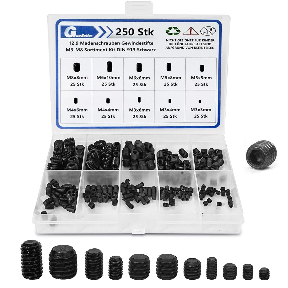 Set Screw Assortment Kit (250 Pcs) - Metric Sizes M3, M4, M5, M6, M8 - Carbon Steel Cupped & Hex Head Screws - Perfect for Door Knobs, Home Repair, Furniture, and More! - HomeDIYer