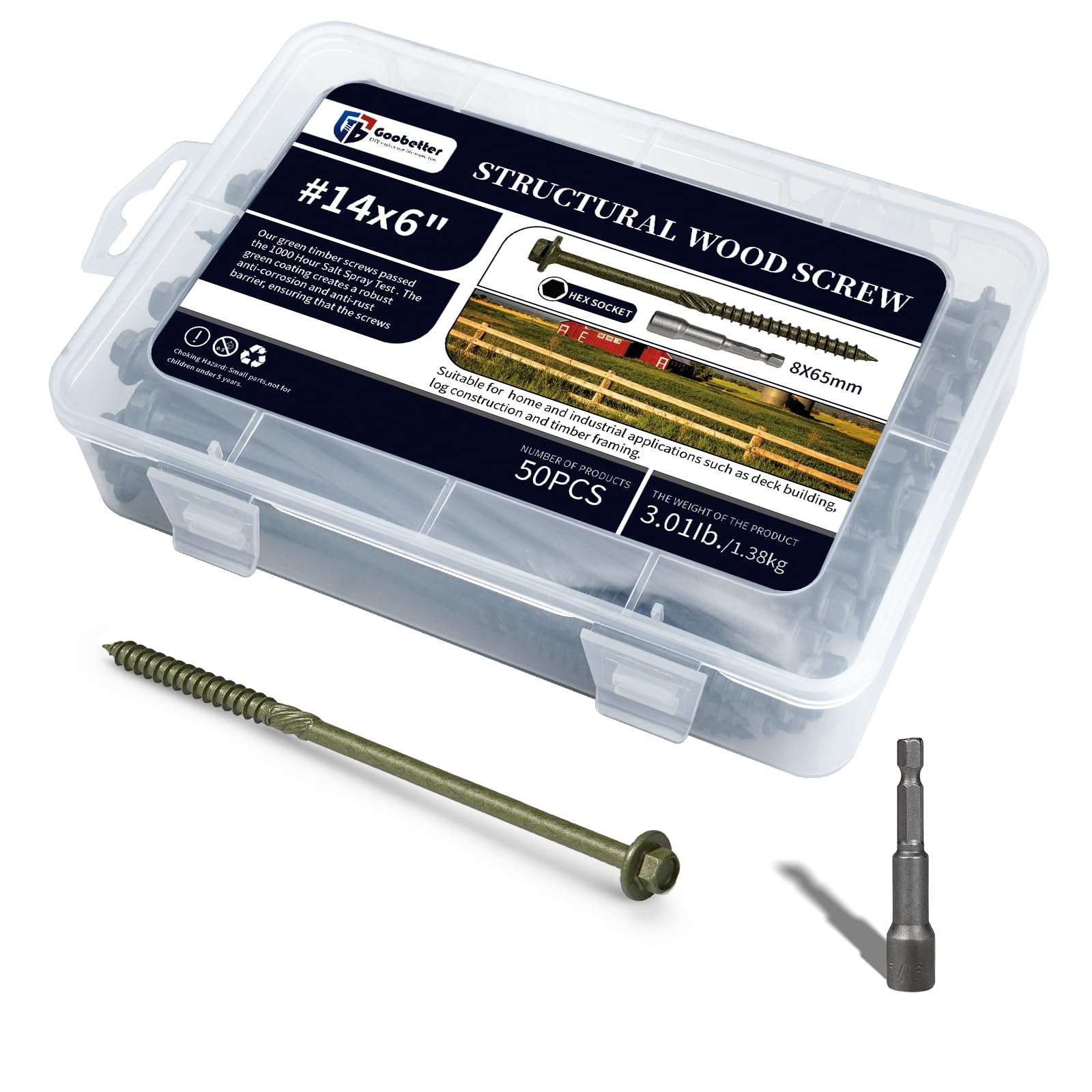 Goobetter 50PCS 6” Structural Wood Screws #14 | Green Coated Heavy Duty Timber Screws w/ Hex Bit