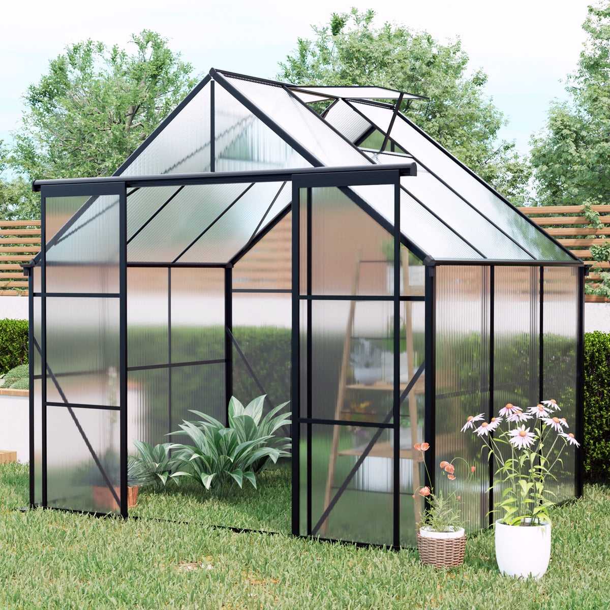 8ft x 6ft Heavy‑Duty Aluminum Walk‑In Greenhouse — Double Doors Adjustable Roof & Polycarbonate Panels Black