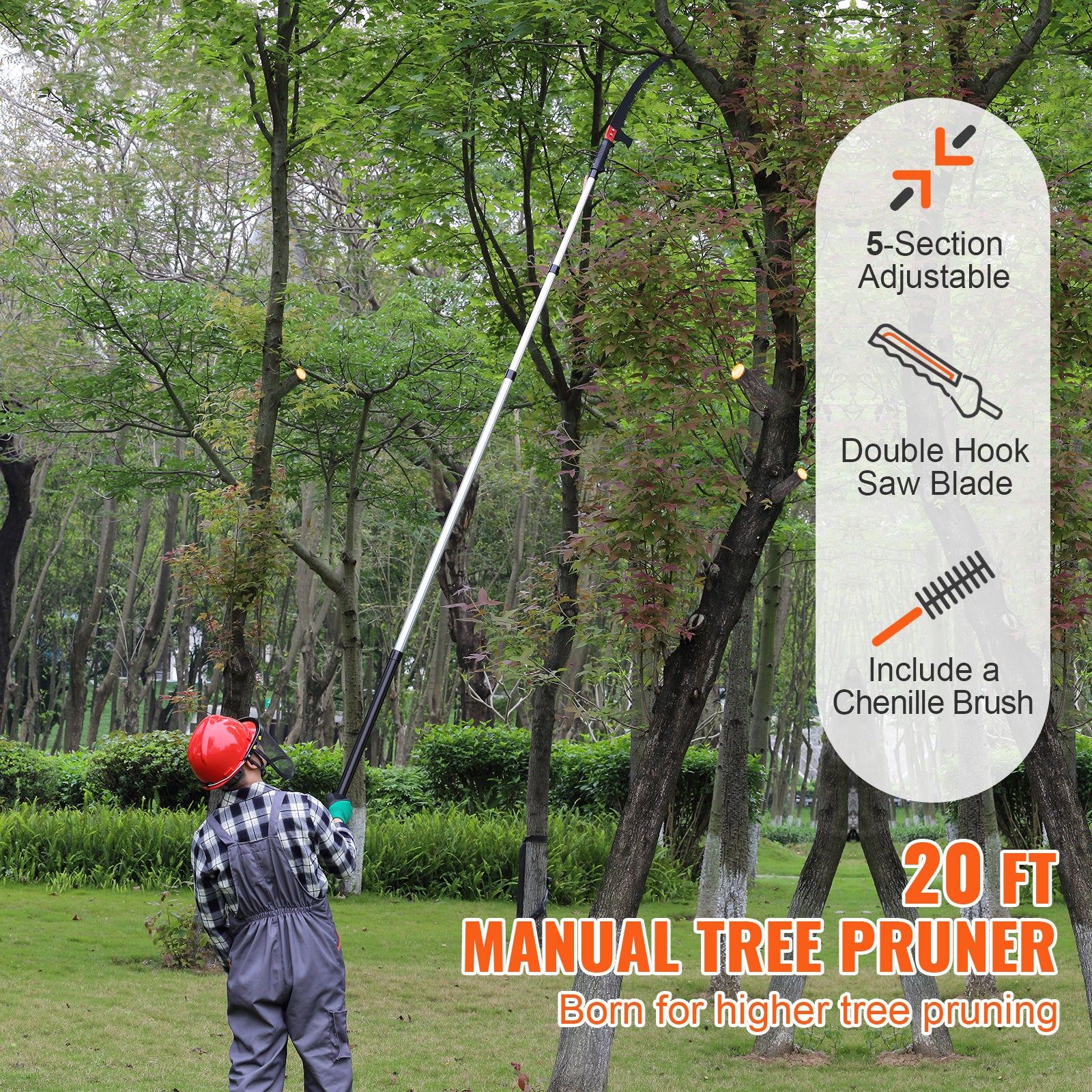 Manual Pole Saw, 4.9–20 ft Extendable Tree Pruner with Chenille Brush & Aluminum Handle
