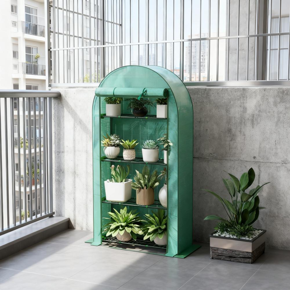 Lean‑to Portable Greenhouse with Four Shelves — Roll‑Up Door Steel Frame HDPE Cover Green
