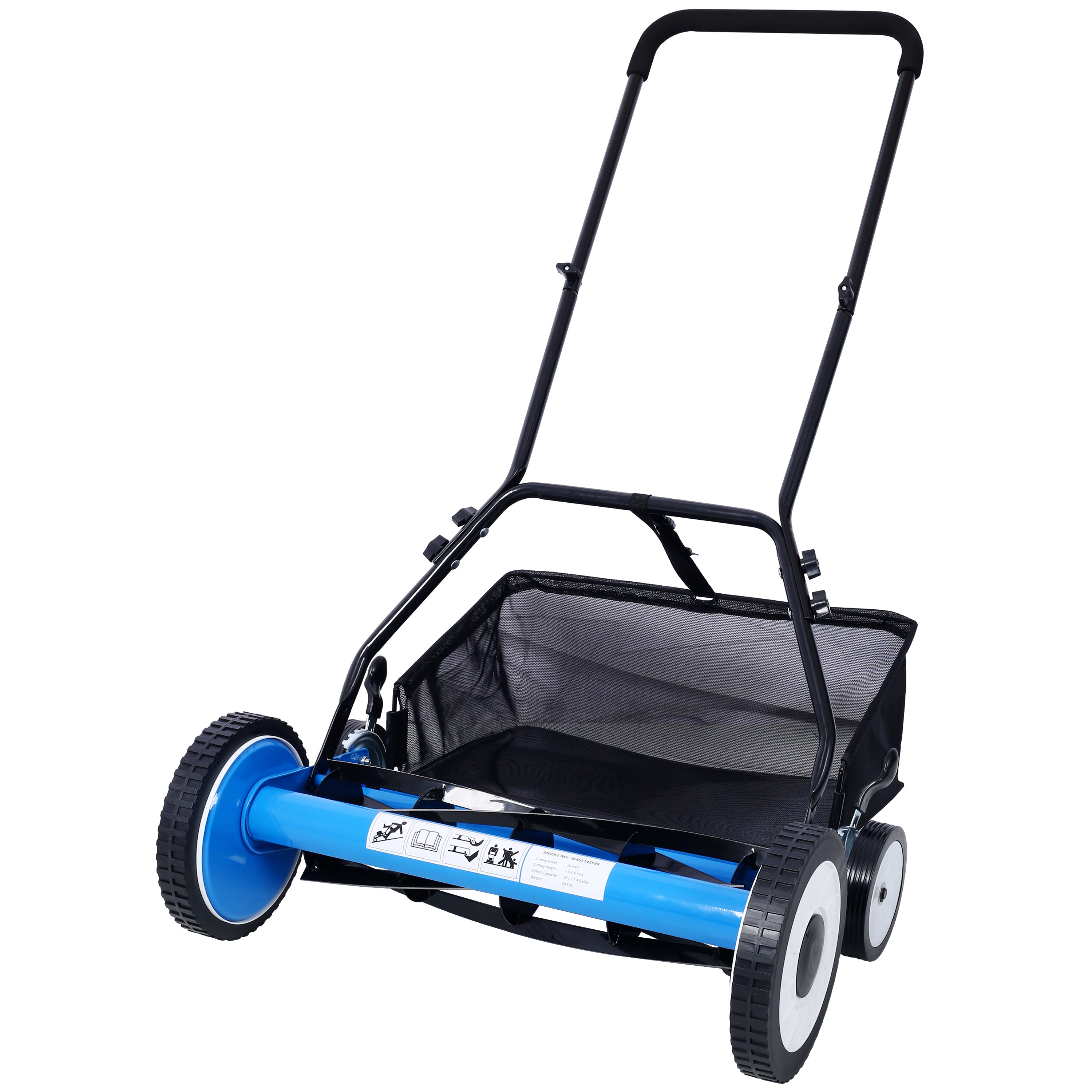 20-Inch 5-Blade Push Reel Lawn Mower with Grass Catcher, 4 WHEELS BLUE COLOR