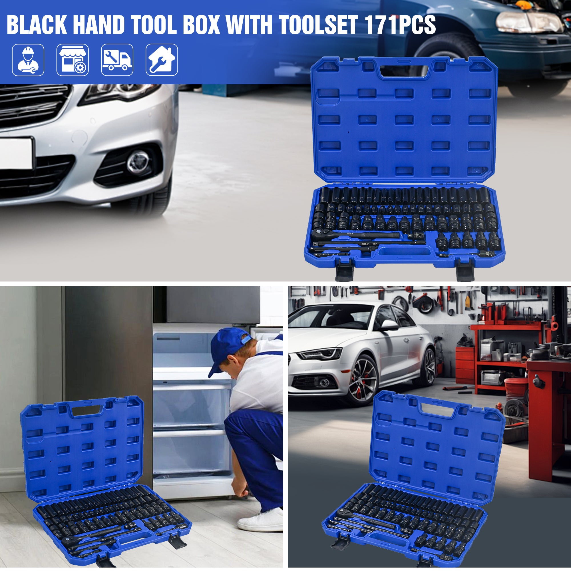 67‑Piece Air Tool & Accessories Kit — Long/Short Sockets, Extensions, Ratchet Wrenches, Quick Couplings, Black & Blue