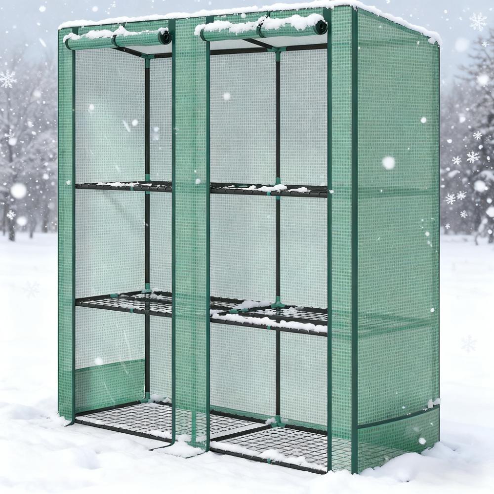 Lean‑to Portable Greenhouse with Three Shelves & Two Roll‑Up Doors — Steel Frame PE Cover Green
