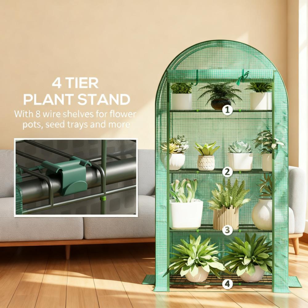 Lean‑to Portable Greenhouse with Four Shelves — Roll‑Up Door Steel Frame HDPE Cover Green