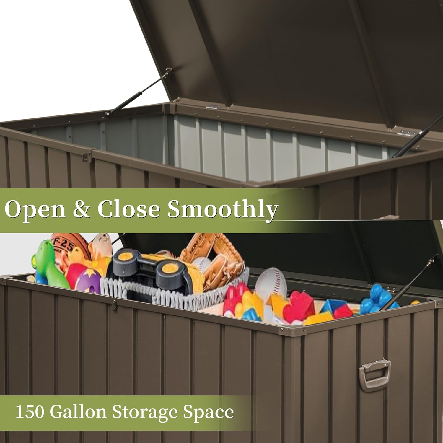 150 Gallon Outdoor Steel Deck Box with Resin Base – Waterproof Patio Storage Bench, Dark Brown, 660 lb Capacity