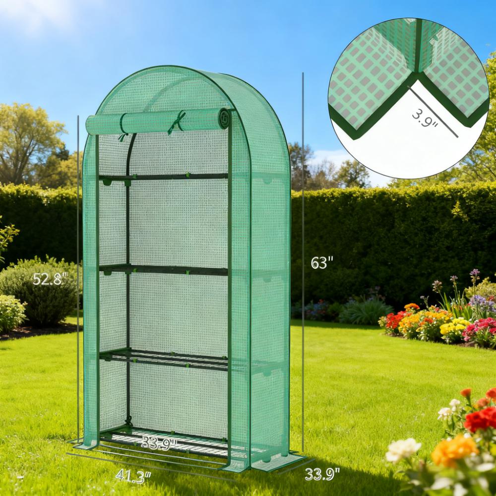 Lean‑to Portable Greenhouse with Four Shelves — Roll‑Up Door Steel Frame HDPE Cover Green