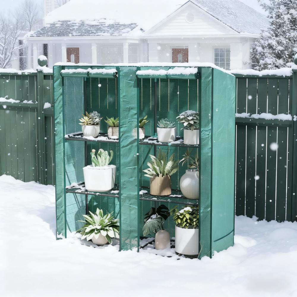 Lean‑to Portable Greenhouse with Three Shelves & Two Roll‑Up Doors — Steel Frame PE Cover Green
