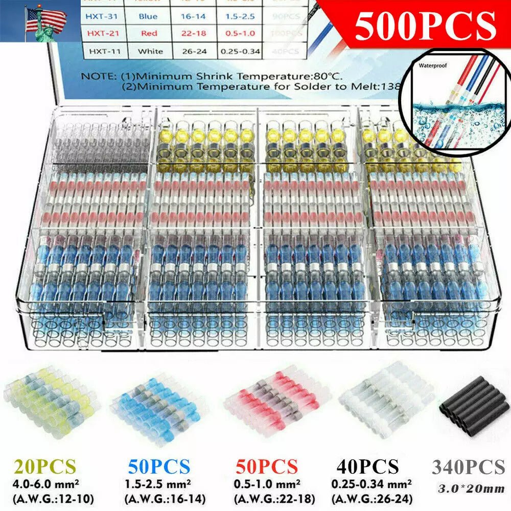 500PCS Waterproof Solder Seal Sleeves Heat Shrink But Wire Connectors Terminals - HomeDIYer