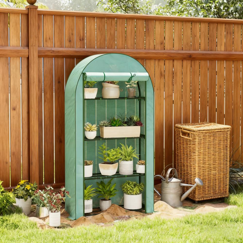 Lean‑to Portable Greenhouse with Four Shelves — Roll‑Up Door Steel Frame HDPE Cover Green