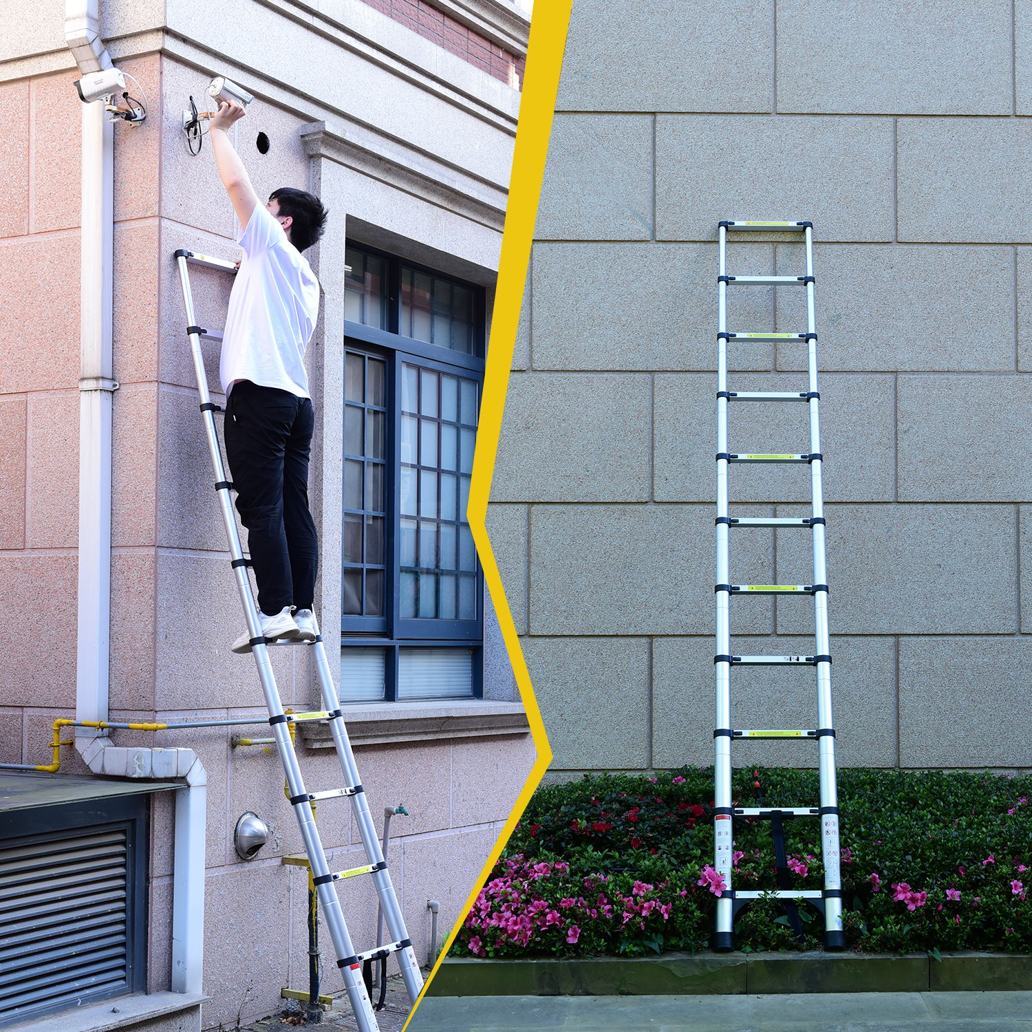 8.5FT Telescopic Aluminum Ladder with Hooks & Stabilizer — Antique Silver, Multi‑Purpose Folding for Home & RV