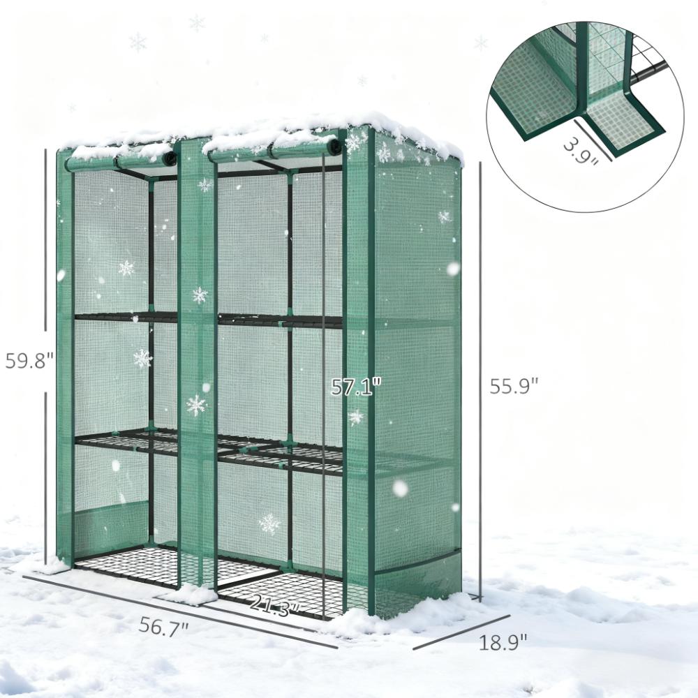 Lean‑to Portable Greenhouse with Three Shelves & Two Roll‑Up Doors — Steel Frame PE Cover Green