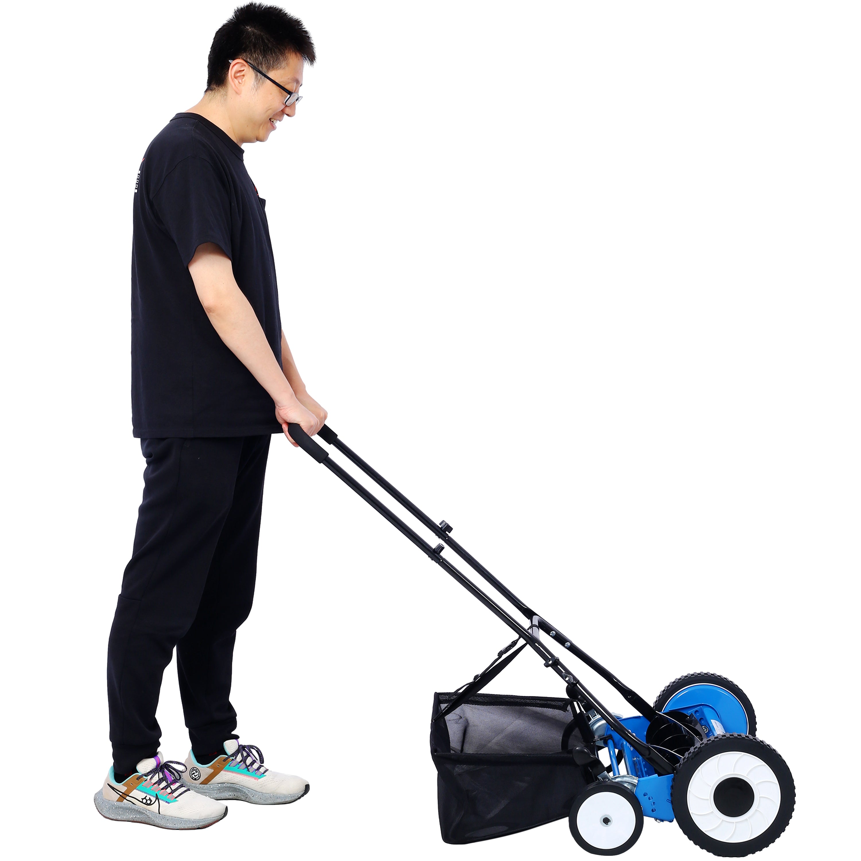 16-Inch 5-Blade Push Reel Lawn Mower with Grass Catcher, 4 WHEELS BLUE COLOR