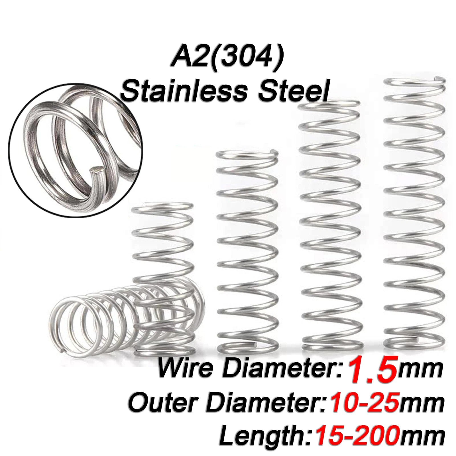 Compression Spring 1.5mm 304 Stainless Steel Length 15 to 200mm Pressure Spring