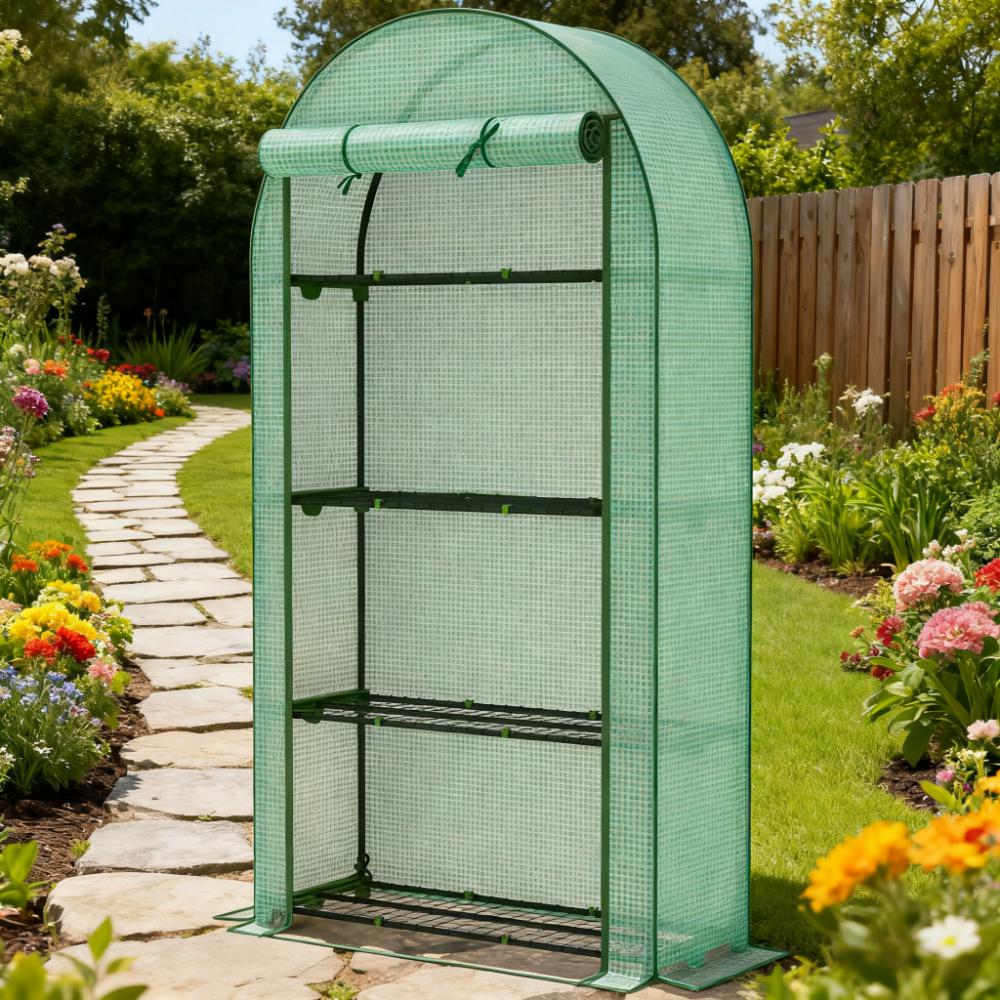 Lean‑to Portable Greenhouse with Four Shelves — Roll‑Up Door Steel Frame HDPE Cover Green