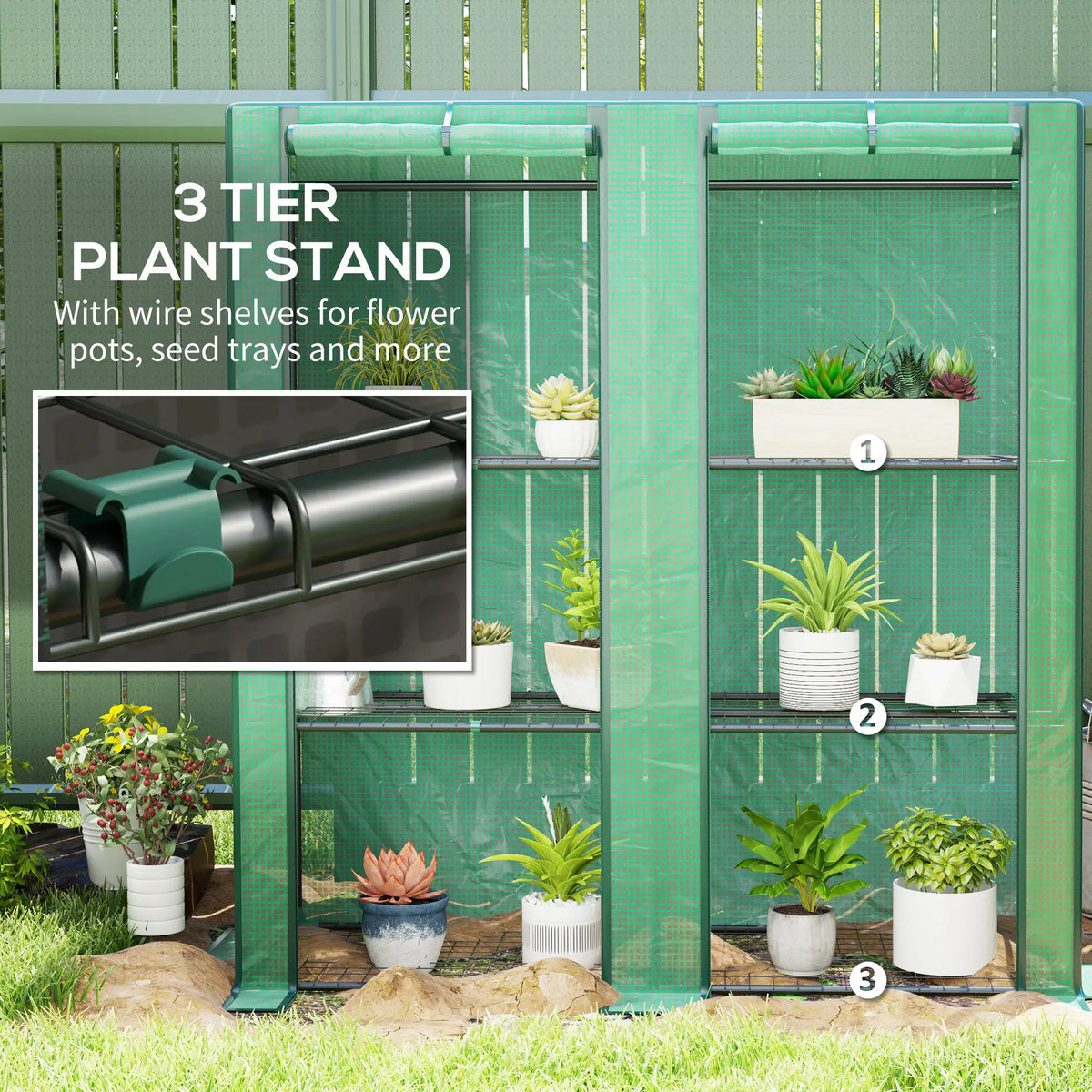 Lean‑to Portable Greenhouse with Three Shelves & Two Roll‑Up Doors — Steel Frame PE Cover Green