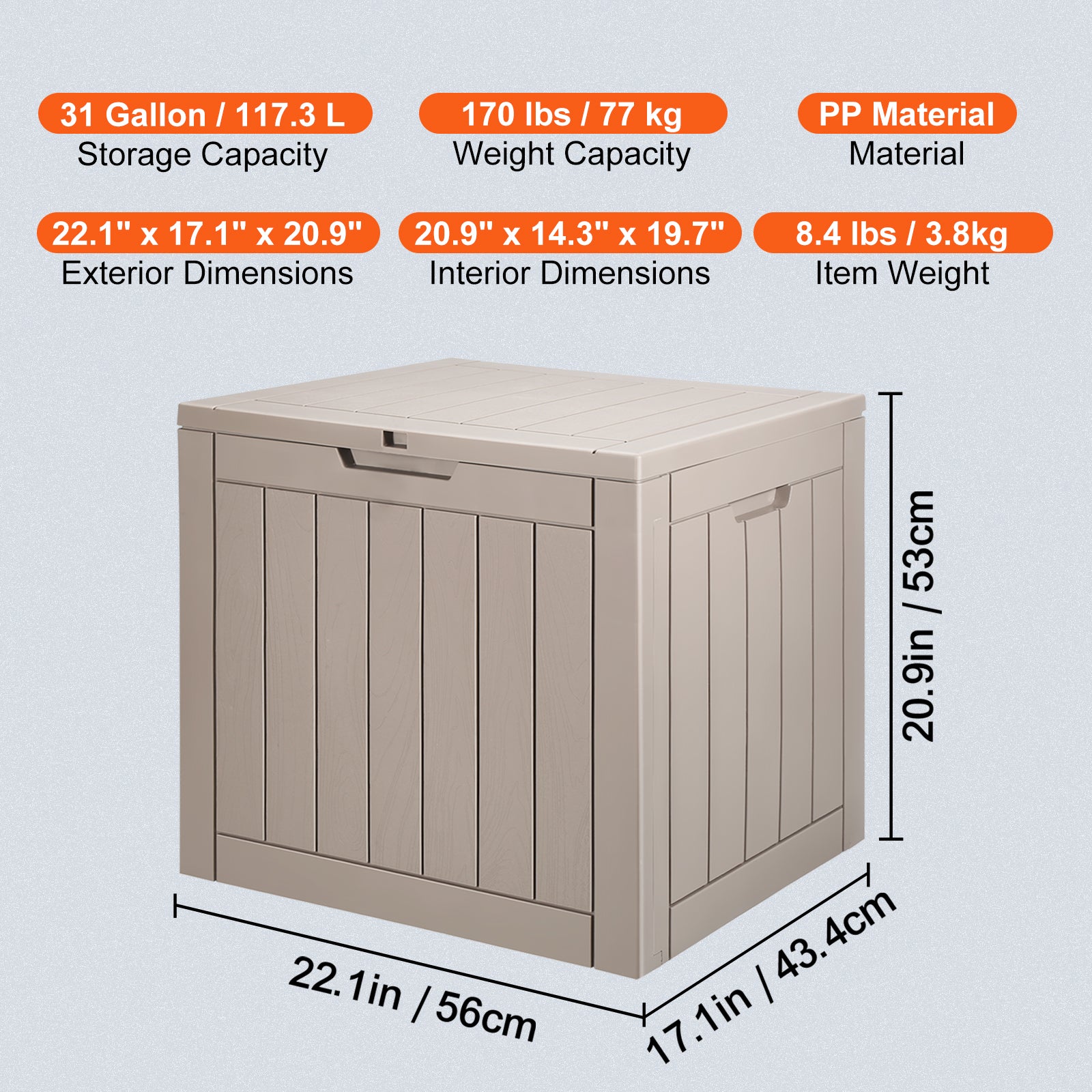 Outdoor Storage Box Resin Deck Box 31 Gallon Patio Waterproof Organizer On-