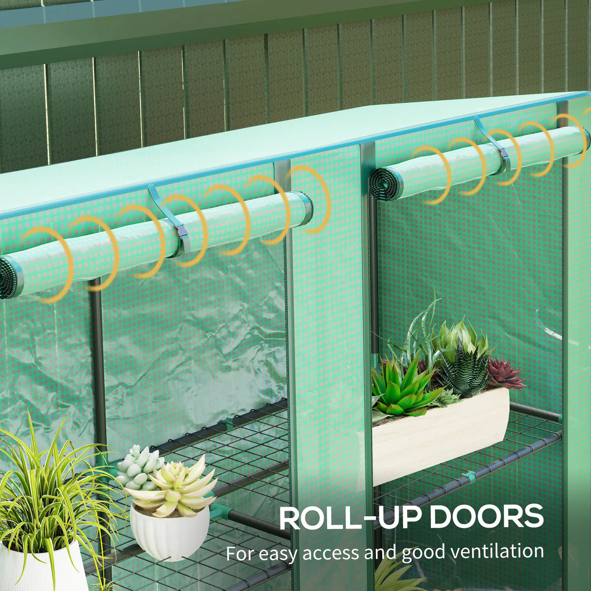 Lean‑to Portable Greenhouse with Three Shelves & Two Roll‑Up Doors — Steel Frame PE Cover Green
