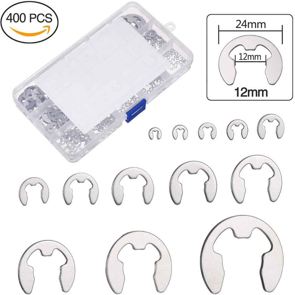 400Pcs 304 Stainles Steel E - Clip Retaining Circlip Assortment 1.5mm to 15mm Kit - HomeDIYer