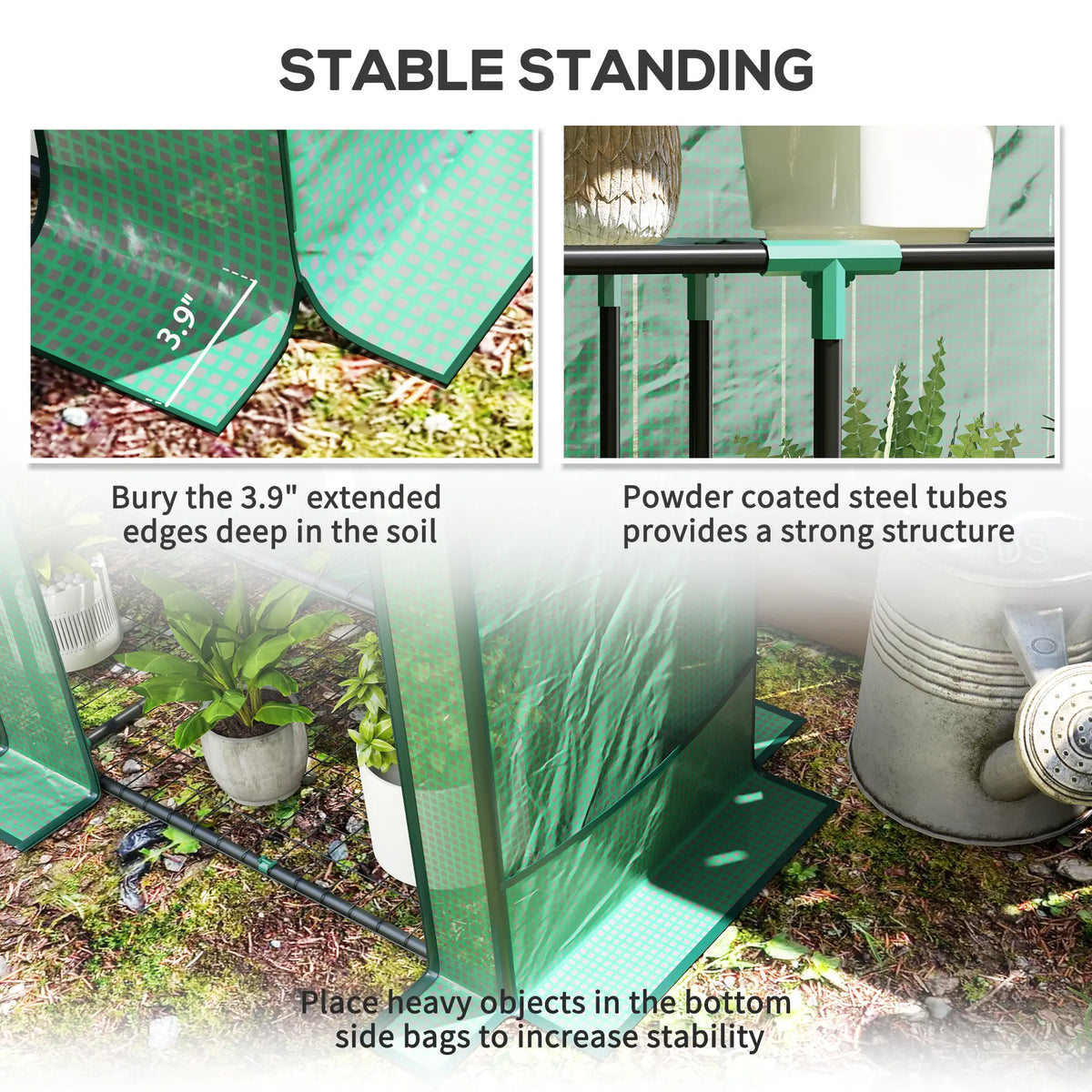 Lean‑to Portable Greenhouse with Three Shelves & Two Roll‑Up Doors — Steel Frame PE Cover Green