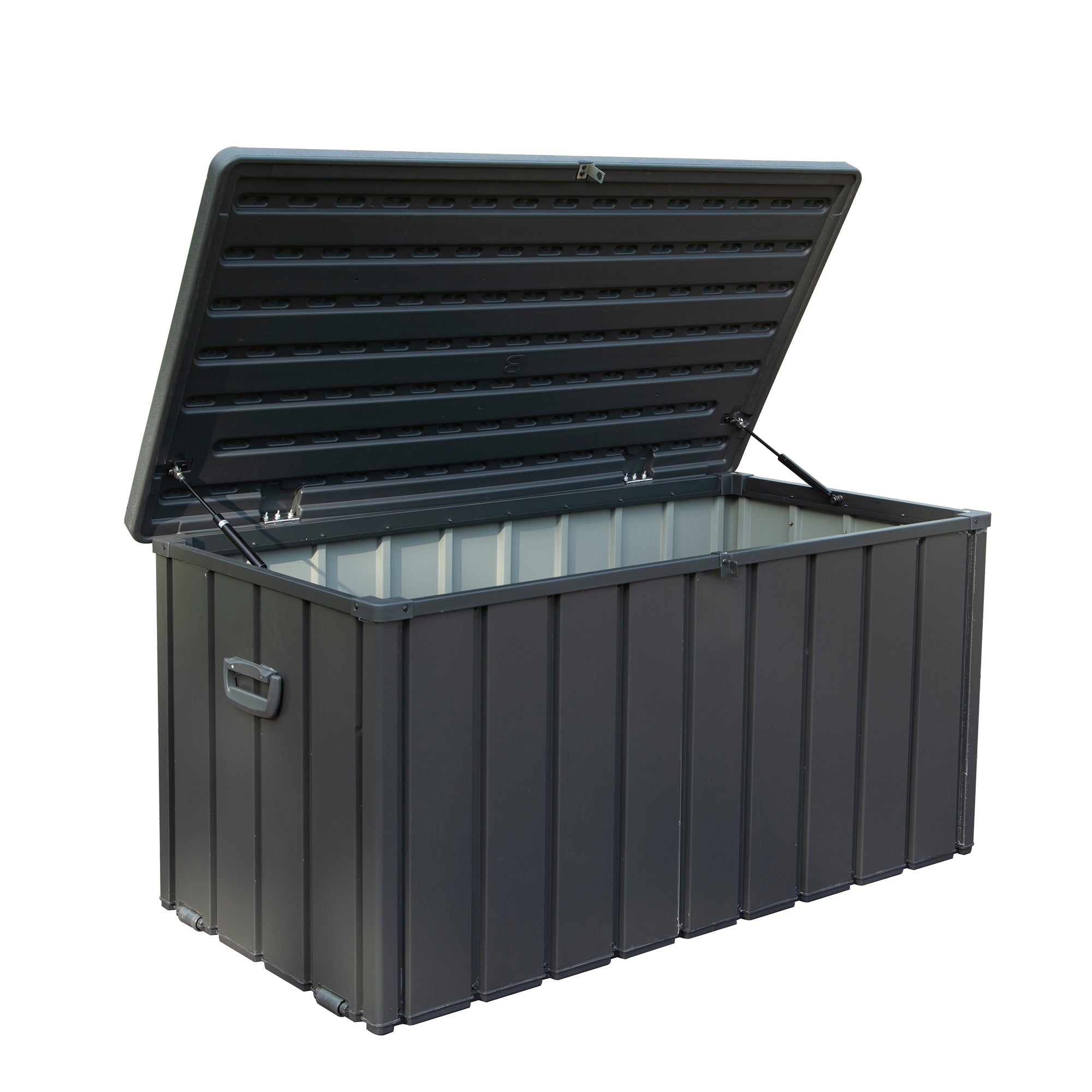 120 Gallon Outdoor Steel Deck Box with Double‑Layer Resin Lid – Tall Waterproof Patio Storage Bench, Dark Gray, 440 lb Capacity
